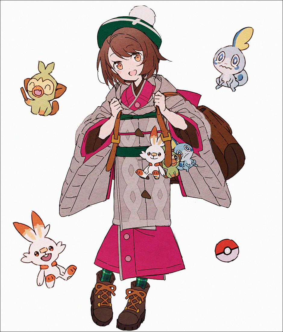 1girl, :d, adapted_costume, backpack, bag, bob_cut, boots, brown_bag, brown_eyes, brown_footwear, brown_hair, buttons, cable_knit, character_doll, full_body, gloria_(pokemon), green_headwear, green_socks, grookey, hakusai_(tiahszld), hands_up, hat, holding_strap, japanese_clothes, kimono, looking_at_viewer, open_mouth, pink_kimono, plaid_socks, poke_ball_symbol, pokemon, pokemon_(game), pokemon_swsh, scorbunny, short_hair, simple_background, smile, sobble, socks, tam_o'_shanter, white_background