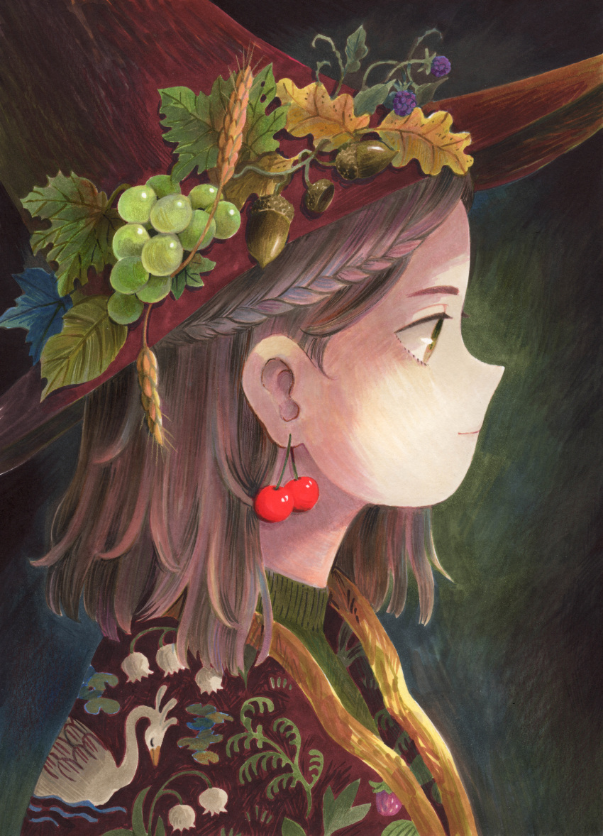 1girl, absurdres, acorn, bangs, blue_leaf, bob_cut, braid, braided_bangs