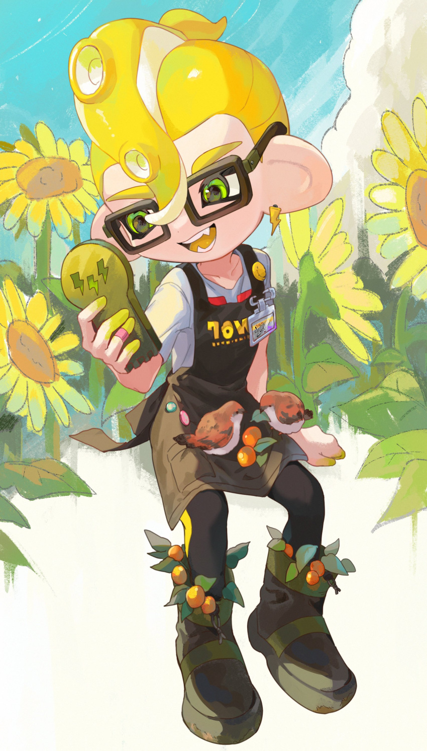 1boy, absurdres, apron, berry, bird, black-framed_eyewear, black_apron, black_footwear