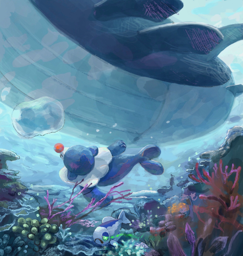 air_bubble, animal_focus, bubble, coral, eye_trail, fish, frown, green_eyes