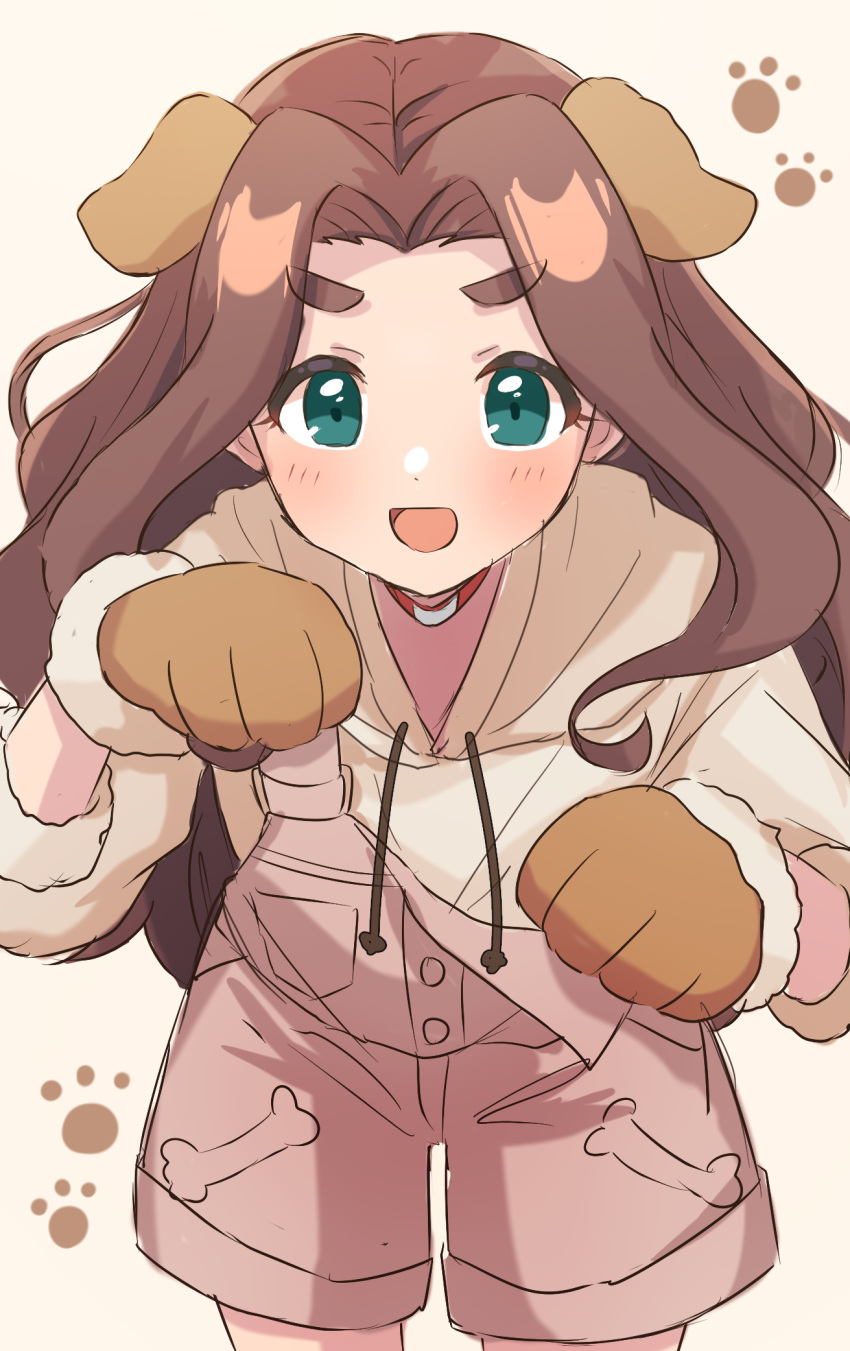1girl, :d, animal_ears, animal_hands, blue_eyes, blush, bone_print, brown_gloves