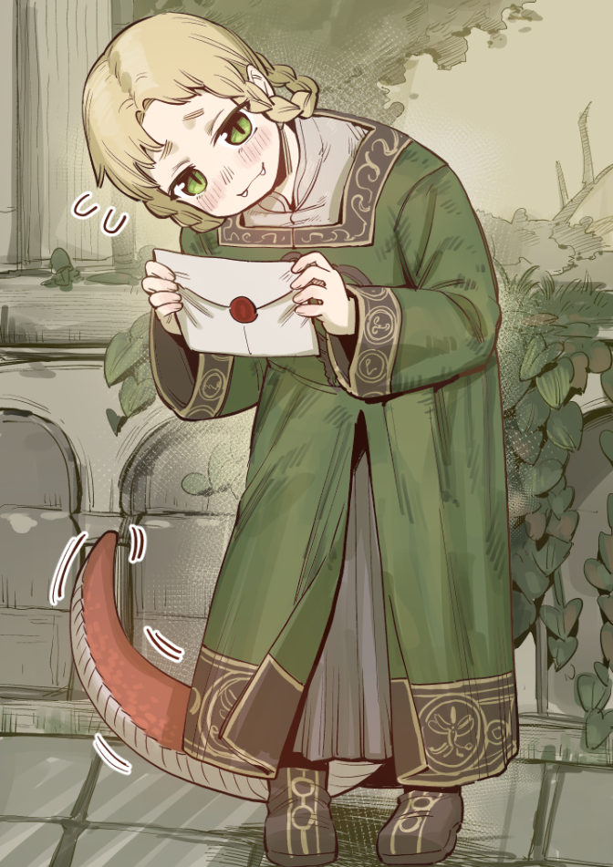 1girl, :3, blonde_hair, brown_footwear, closed_mouth, commentary_request, dress, elden_ring