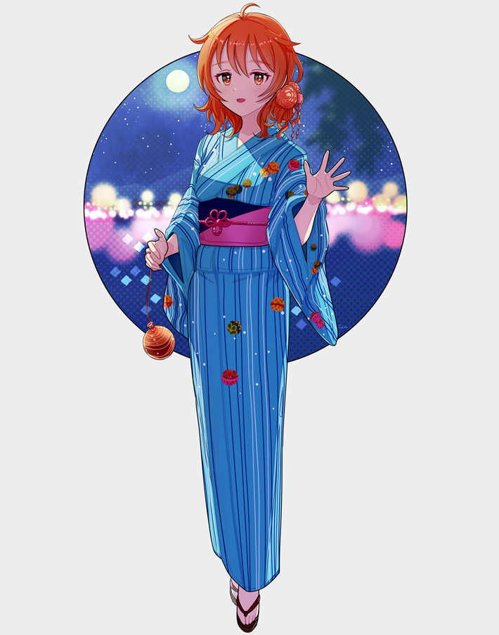 1girl, araki_hina, blue_kimono, flower, full_body, hair_flower, hair_ornament, hand_up