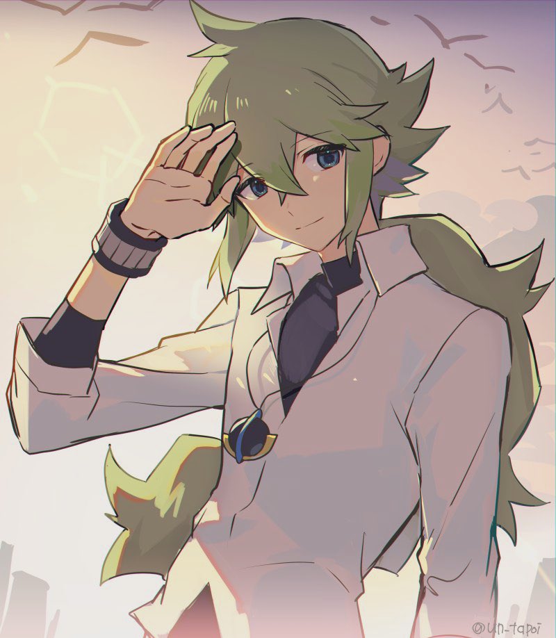 1boy, bangs, blue_eyes, closed_mouth, collared_shirt, commentary, cowlick, day, green_hair, hair_between_eyes, hand_up, jewelry, long_hair, looking_down, male_focus, n_(pokemon), necklace, outdoors, pokemon, pokemon_(game), pokemon_bw, ponytail, shirt, smile, solo, symbol-only_commentary, twitter_username, un_tapoi, undershirt, upper_body, white_shirt, wristband