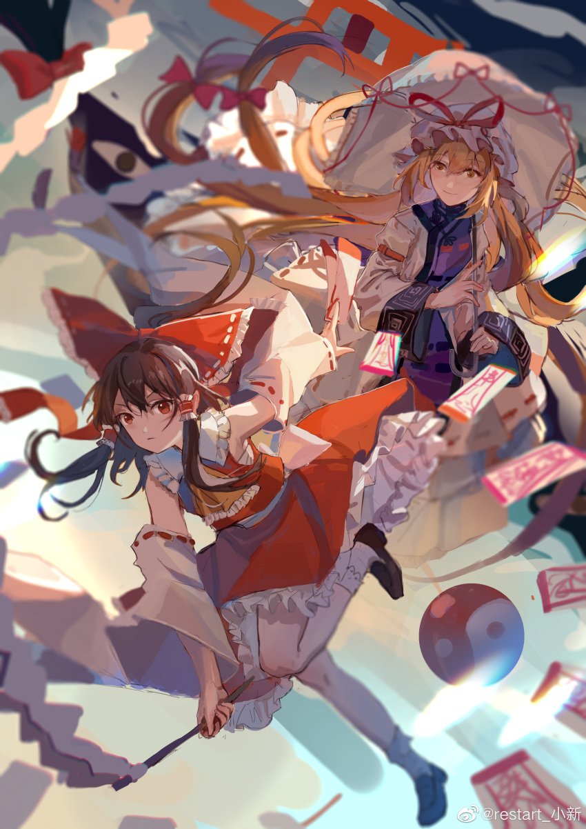 2girls, absurdres, ascot, black_footwear, blonde_hair, blush, bow, brown_hair