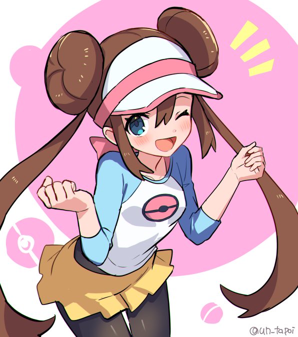 1girl, ;d, black_pantyhose, blue_eyes, blush, bow, brown_hair, commentary_request, cowboy_shot, double_bun, doughnut_hair_bun, hair_bun, hands_up, legwear_under_shorts, long_hair, notice_lines, one_eye_closed, open_mouth, pantyhose, pink_bow, poke_ball_symbol, pokemon, pokemon_(game), pokemon_bw2, raglan_sleeves, rosa_(pokemon), short_shorts, shorts, smile, solo, tongue, twintails, twitter_username, un_tapoi, visor_cap, w_arms, yellow_shorts