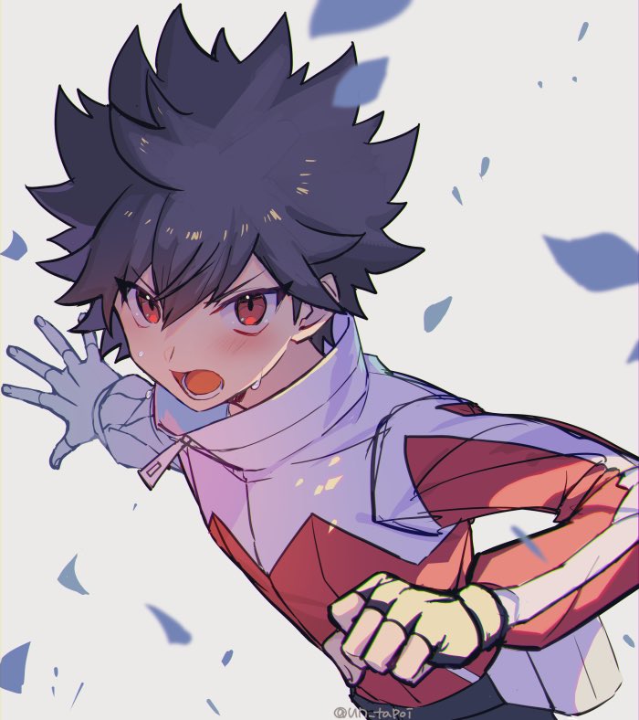 1boy, bangs, black_gloves, black_hair, blush, commentary_request, fingerless_gloves, gloves