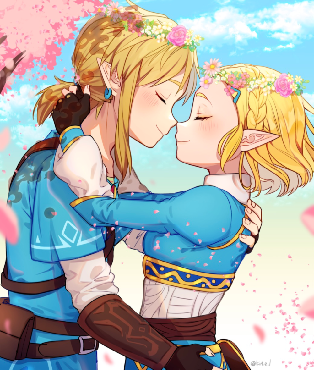 1boy, 1girl, arm_guards, artist_name, bangs, belt, belt_buckle, belt_pouch, black_gloves, blonde_hair, blue_shirt, blue_sky, blue_tunic, blush, braid, brown_belt, buckle, cherry_blossoms, closed_eyes, closed_mouth, clouds, commentary_request, crown_braid, day, earrings, eyelashes, falling_petals, fingerless_gloves, flower, flower_wreath, forehead, gloves, gold_trim, hair_ornament, hairclip, head_wreath, jewelry, kuratan22, layered_sleeves, link, long_sleeves, low_ponytail, medium_hair, noses_touching, outdoors, parted_bangs, petals, pink_flower, pointy_ears, ponytail, pouch, princess_zelda, profile, shirt, short_hair, short_over_long_sleeves, short_ponytail, short_sleeves, sidelocks, single_braid, sky, smile, standing, the_legend_of_zelda, the_legend_of_zelda:_breath_of_the_wild, tree, tunic, twitter_username, white_flower