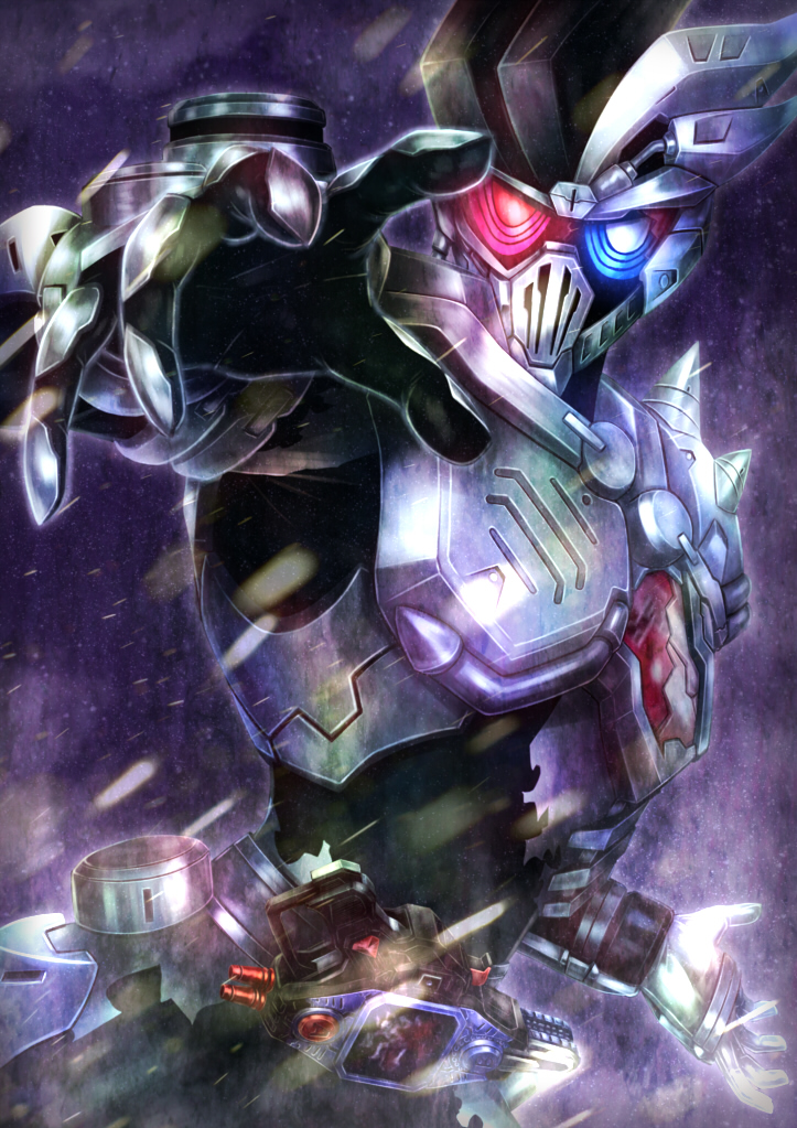 1boy, black_bodysuit, blue_eyes, bodysuit, cowboy_shot, dangerous_zombie_level_x, evil, foreshortening