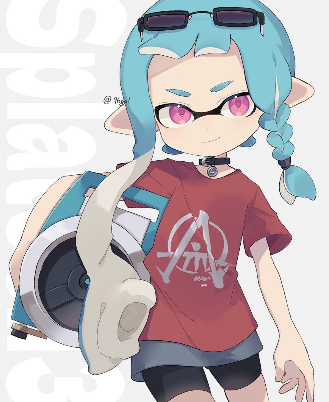 >:), 1girl, artist_name, bangs, bike_shorts, black_collar, blue_hair, blunt_bangs