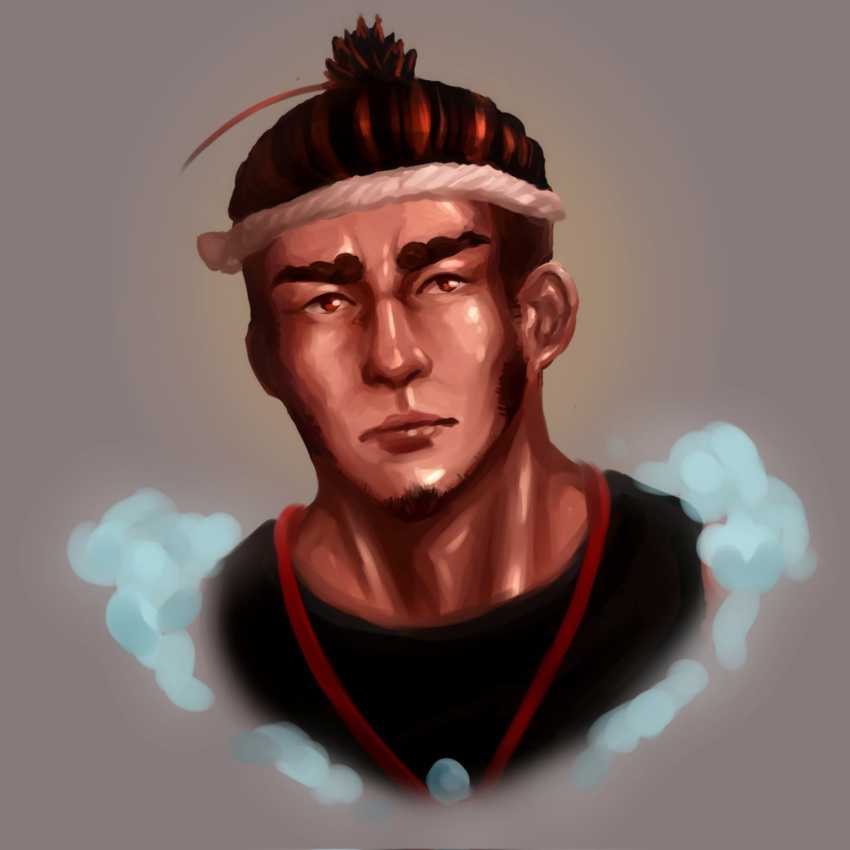 1boy, ahoge, black_hair, black_tank_top, commentary_request, cropped_torso, dark-skinned_male, dark_skin, facial_hair, goatee, grey_background, hachimaki, headband, highres, jewelry, lips, long_sideburns, looking_at_viewer, male_focus, mature_male, multicolored_hair, murzax, necklace, nose, orange_eyes, orange_hair, portrait, realistic, russian_commentary, sarutahiko_(housamo), sideburns, simple_background, solo, tank_top, thick_eyebrows, tokyo_afterschool_summoners, two-tone_hair, undercut