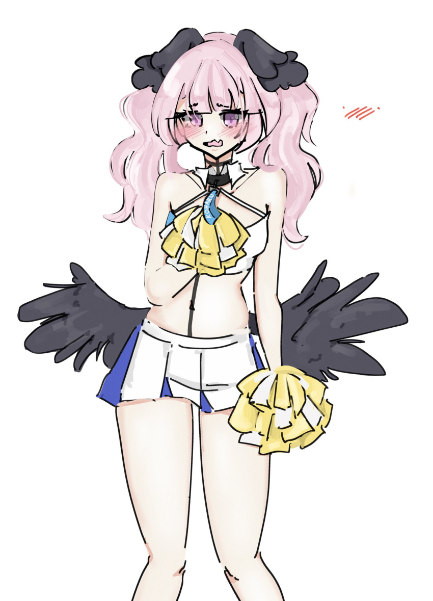 1girl, bangs, blue_archive, blush, feathered_wings, head_wings, highres, koharu_(blue_archive), lilrosieroe, looking_at_viewer, open_mouth, pink_eyes, pink_hair, simple_background, solo, twintails, white_background, wings