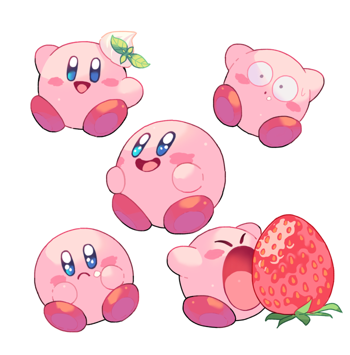 :o, blue_eyes, blush, blush_stickers, closed_eyes, closed_mouth, food, food_on_face, food_on_head, frown, fruit, kirby, kirby's_dream_buffet, kirby_(series), leaf, looking_at_viewer, multiple_views, mutekyan, no_humans, object_on_head, open_mouth, parted_lips, sad, smile, strawberry, sweatdrop, whipped_cream, white_background, wide-eyed