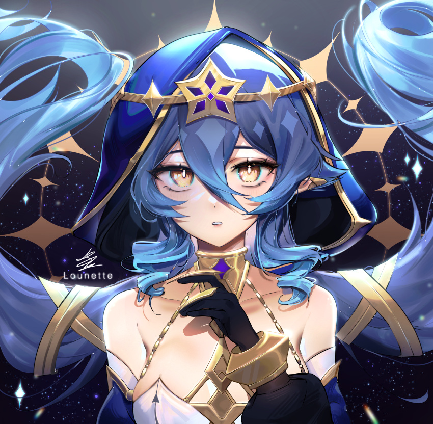 1girl, absurdres, artist_name, bangs, bare_shoulders, black_background, black_gloves, blue_hair, breasts, circlet, claw_ring, collarbone, commentary, drill_hair, drill_locks, eyelashes, eyeshadow, floating_hair, genshin_impact, gloves, gold_trim, gradient_hair, hair_between_eyes, hair_ornament, hand_up, highres, hood, hood_up, jewelry, layla_(genshin_impact), long_hair, long_sleeves, looking_at_viewer, lounette, makeup, medium_breasts, multicolored_hair, neck_ring, parted_lips, pointy_ears, puffy_long_sleeves, puffy_sleeves, ring, sidelocks, signature, solo, star_(symbol), twintails, upper_body, yellow_eyes