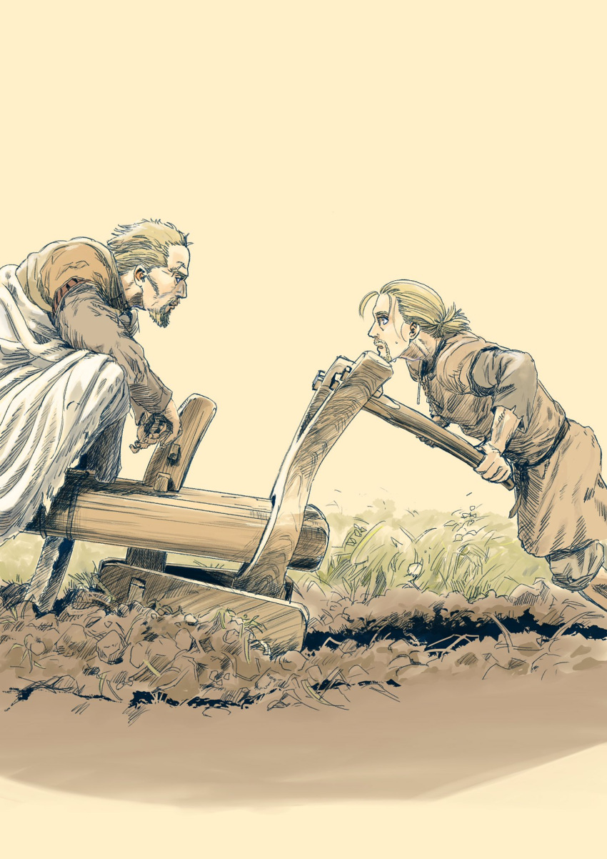 2boys, askeladd, blonde_hair, facial_hair, highres, long_sleeves, looking_at_another, medium_hair, multiple_boys, outdoors, ponytail, short_hair, thorfinn, tunic, user_uvyu8777, viking, vinland_saga