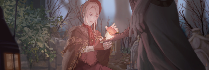 1girl, ascot, bloodborne, blush, bonnet, doll_joints, dress, fingerless_gloves