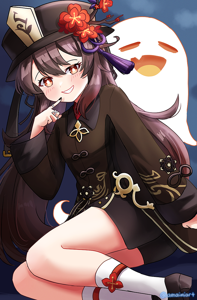 1girl, amai-tapioca, bare_legs, black_headwear, black_nails, black_shorts, blush, boo_tao_(genshin_impact)