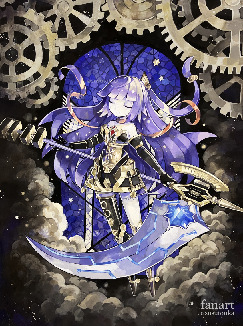 1girl, absurdres, acrylic_paint_(medium), android, bangs, bare_shoulders, closed_eyes, duel_monster