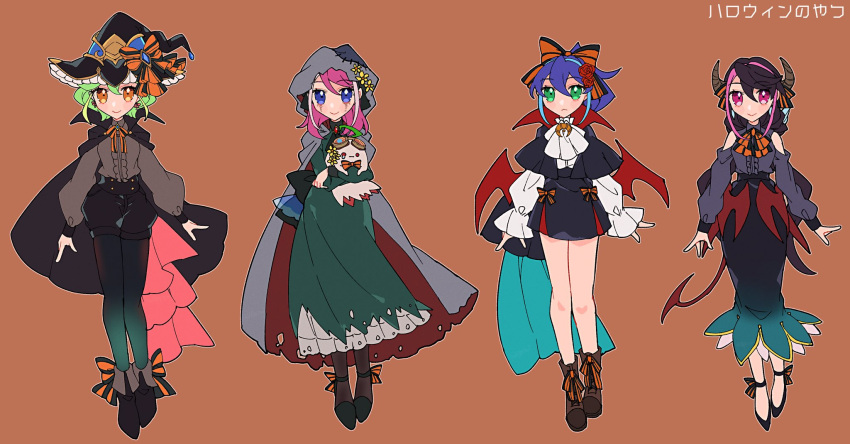 28grtm, 4girls, :d, ahoge, belt, blue_hair, bow, bracelet_girls, earrings, green_eyes, green_hair, hair_bow, halloween, halloween_costume, hiiragi_yuzu, jewelry, kurosaki_ruri, multicolored_hair, multiple_girls, necktie, open_mouth, pink_eyes, pink_hair, ponytail, purple_hair, quadruplets, rin_(yuu-gi-ou_arc-v), serena_(yuu-gi-ou_arc-v), short_twintails, simple_background, sleeveless, smile, twintails, two-tone_hair, white_background, yellow_eyes, yu-gi-oh!, yu-gi-oh!_arc-v, yuu-gi-ou, yuu-gi-ou_arc-v, zipper