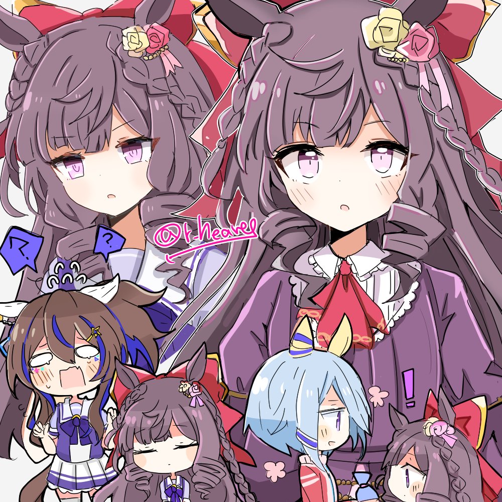 3girls, ?, animal_ears, azukimame, black_hair, bow, closed_eyes, commentary_request