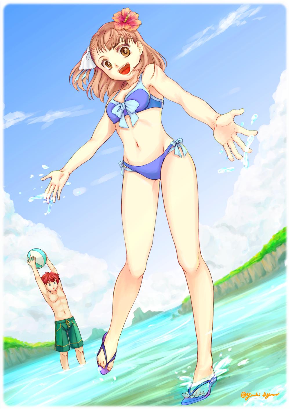 1boy, 1girl, abs, ball, beachball, breasts, brown_eyes, brown_hair