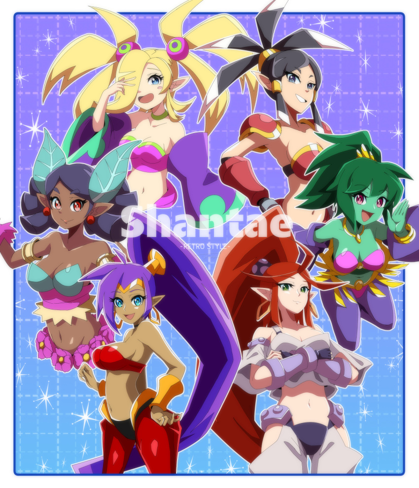 6+girls, black_hair, blonde_hair, blue_eyes, bracelet, character_request, earrings, green_eyes