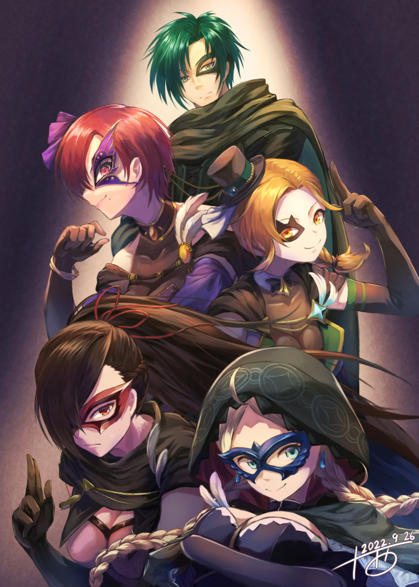 1boy, 4girls, ahoge, bangs, blue_eyes, braid, breasts, brown_eyes