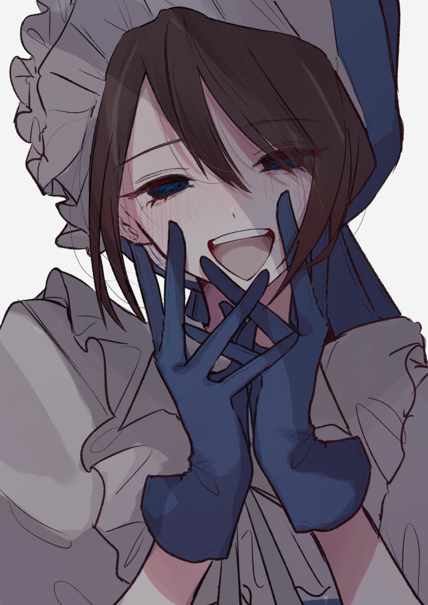 1girl, anon_0037, blue_eyes, blue_gloves, blue_headwear, blush, bonnet, brown_hair