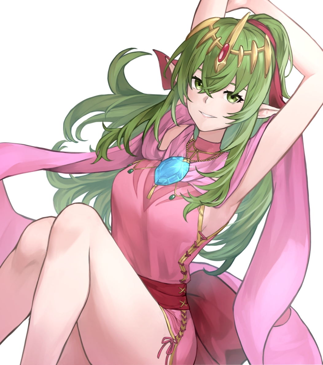 1girl, armpits, arms_up, bare_shoulders, dragonstone, dress, fire_emblem, fire_emblem:_mystery_of_the_emblem, fire_emblem:_shadow_dragon_and_the_blade_of_light, fire_emblem_awakening, fire_emblem_heroes, green_eyes, green_hair, grin, hair_ornament, jewelry, long_hair, looking_at_viewer, necklace, official_alternate_costume, pink_dress, pointy_ears, ponytail, short_dress, simple_background, sleeveless, smile, solo, stone, tiara, tiki_(fire_emblem), white_background, zuzu_(ywpd8853)