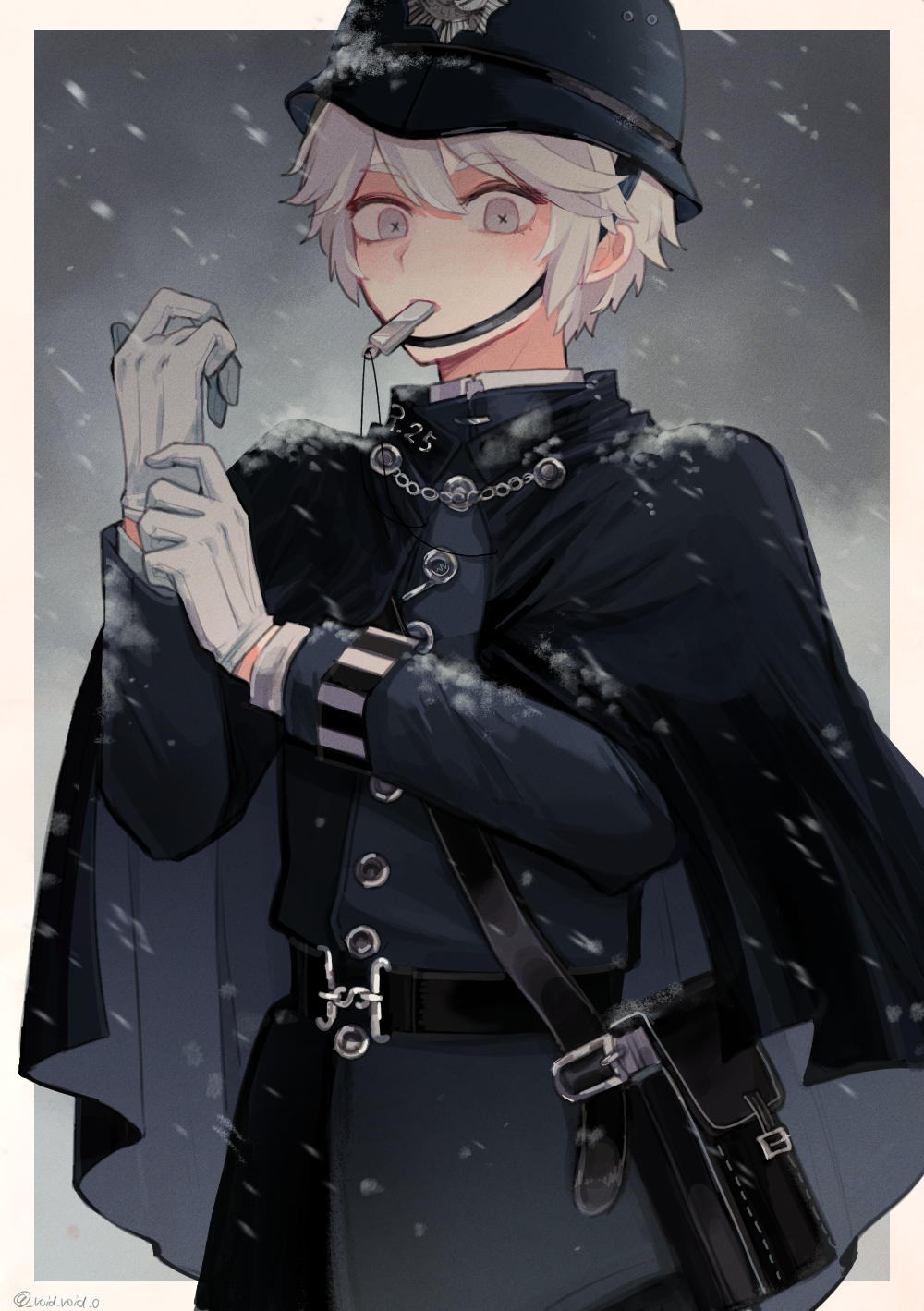 1boy, adapted_costume, adjusting_clothes, adjusting_gloves, bag, belt, border, capelet