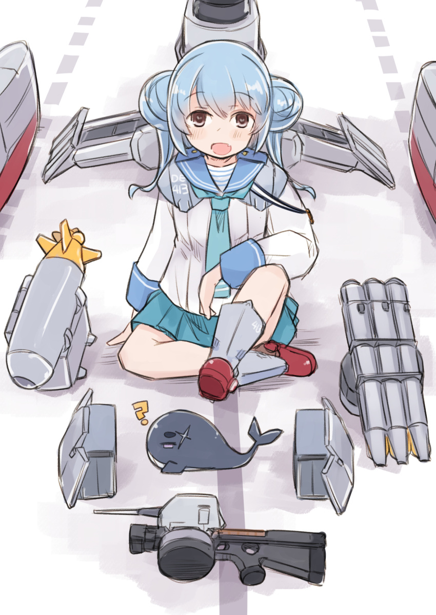 1girl, aqua_neckerchief, aqua_skirt, blue_hair, blue_sailor_collar, dixie_cup_hat, double_bun, enjaku_izuku