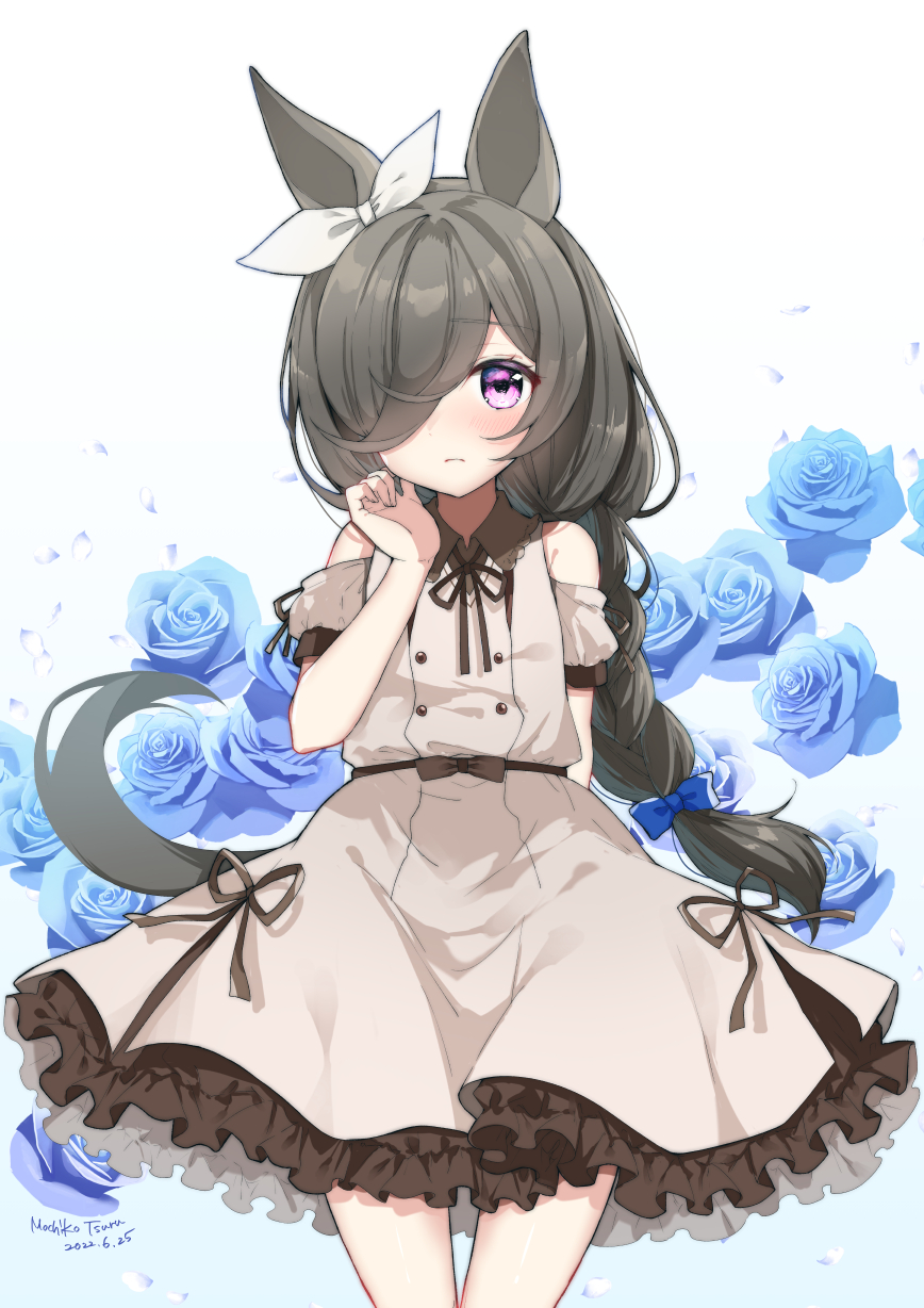 1girl, alternate_hairstyle, animal_ears, arm_behind_back, artist_name, bangs, black_hair, blue_flower