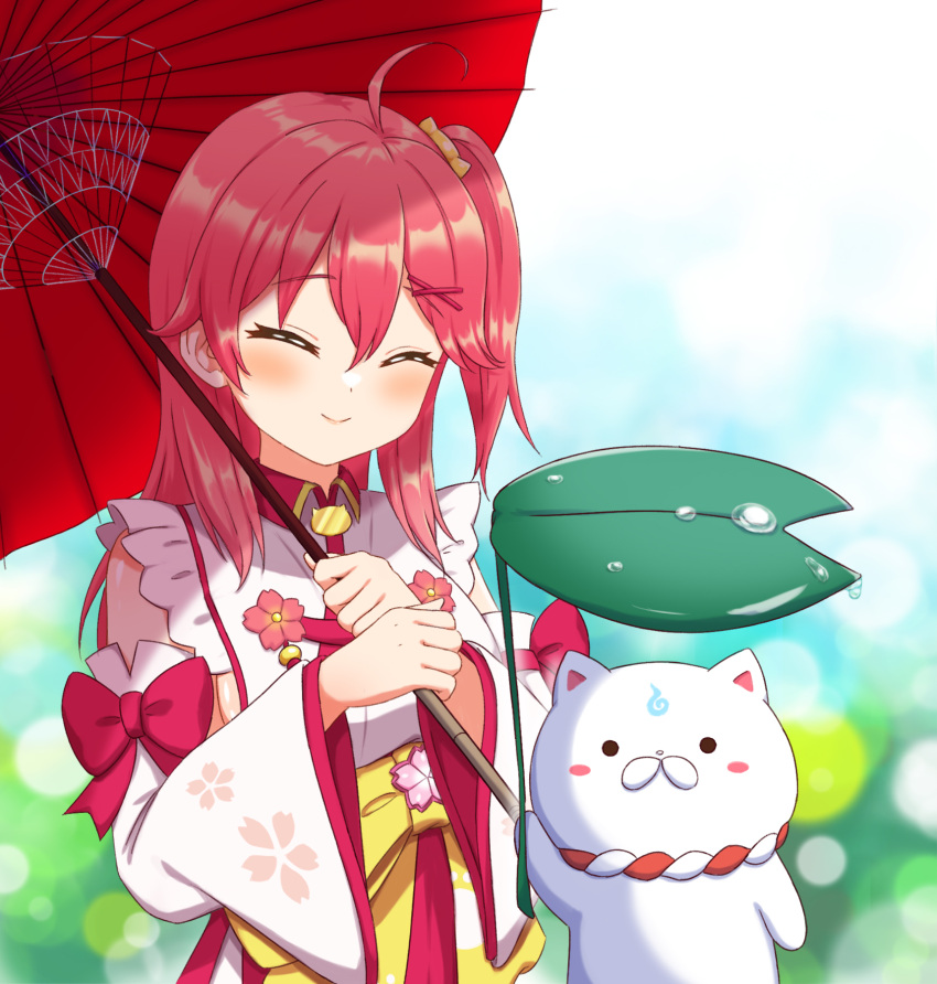 1girl, 35p_(sakura_miko), ahoge, blush, closed_eyes, closed_mouth, detached_sleeves, facing_viewer