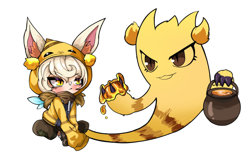 1girl, absurdres, alternate_costume, alternate_skin_color, bangs, bee_print, beseunaj-jamjaneun_gemdol-i, blue_shirt, blush, brown_eyes, brown_pants, brown_scarf, closed_mouth, ears_through_headwear, fang, highres, holding, holding_honeypot, honey, honeypot, hood, hood_up, jacket, league_of_legends, looking_at_another, open_clothes, open_jacket, pants, scarf, shirt, shoes, simple_background, sitting, slit_pupils, vex_(league_of_legends), vex_shadow_(league_of_legends), white_background, yellow_eyes, yellow_jacket, yordle