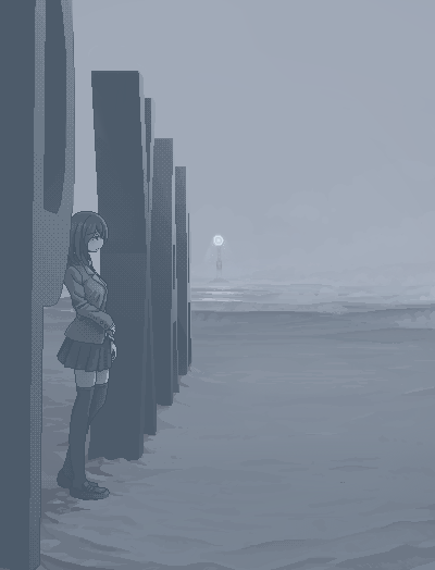 1girl, blazer, blue_theme, breasts, closed_mouth, company_name, desk_lamp, dithering, from_side, hamsterfragment, holding_own_wrist, jacket, jaggy_lines, lamp, lapels, loafers, long_sleeves, medium_breasts, medium_hair, monochrome, notched_lapels, original, outdoors, pixar, pleated_skirt, profile, sand, school_uniform, shoes, skirt, solo, standing, suicidal_girl_(hamsterfragment), thigh-highs, wide_shot, zettai_ryouiki