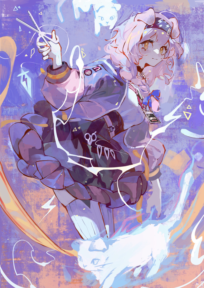 1girl, absurdres, animal_ears, arknights, bangs, black_choker, black_hairband, black_skirt, blue_bow, bow, braid, cat_ears, cat_girl, chinese_commentary, choker, closed_mouth, commentary_request, cropped_legs, dalujiadebianyuan, electricity, floppy_ears, goldenglow_(arknights), hairband, high-waist_skirt, highres, holding, holding_scissors, id_card, jacket, lightning_bolt_print, long_hair, long_sleeves, looking_at_viewer, open_clothes, open_jacket, orange_eyes, pink_hair, pink_jacket, print_hairband, puffy_sleeves, scissors, scottish_fold, shirt, single_braid, skirt, solo, thigh-highs, white_shirt, white_thighhighs