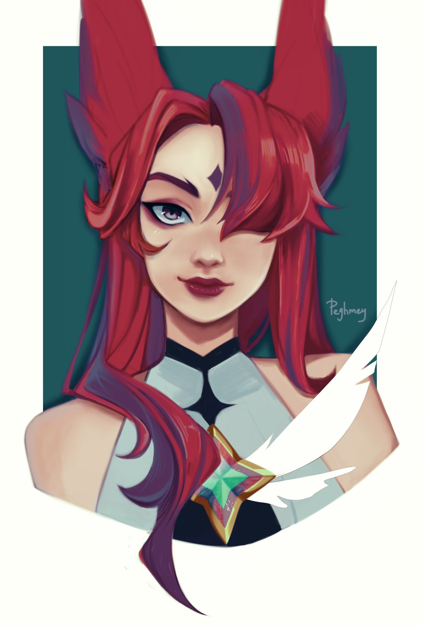 1girl, animal_ears, artist_name, bangs, bare_shoulders, cropped_torso, english_commentary, gem, green_background, grey_eyes, hair_over_one_eye, highres, league_of_legends, long_hair, official_alternate_costume, peghmey, purple_hair, red_lips, redhead, smile, solo, star_guardian_xayah, white_background, xayah