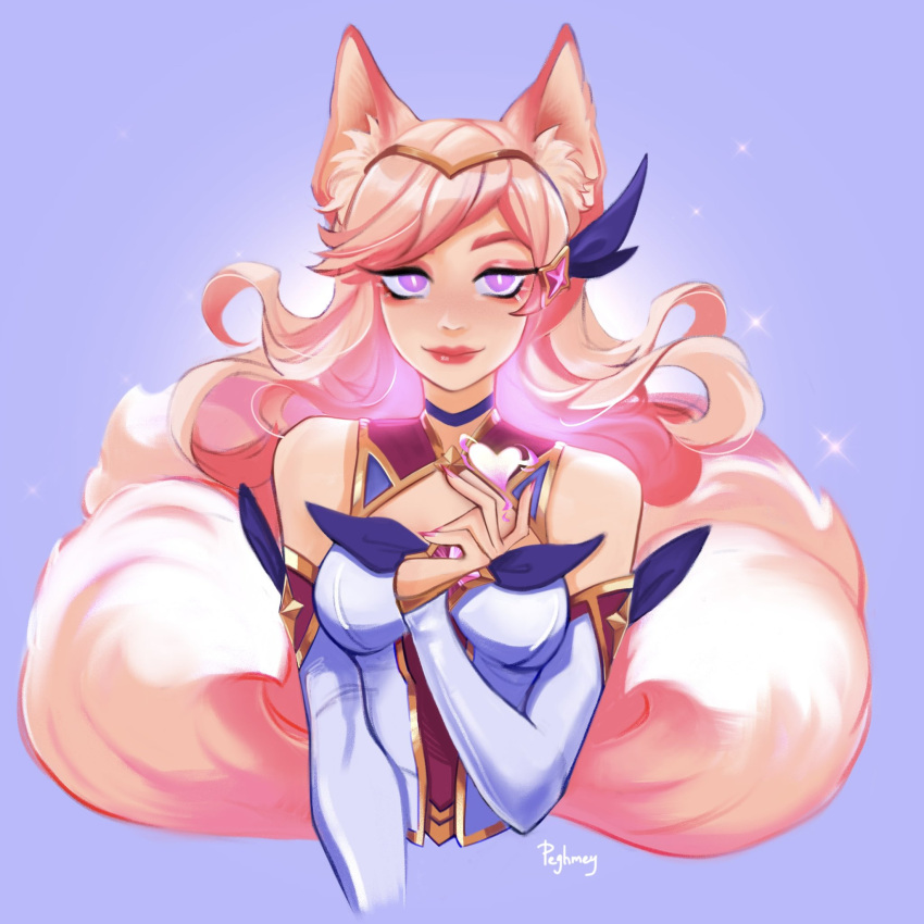 1girl, ahri_(league_of_legends), animal_ears, artist_name, bangs, bare_shoulders, blonde_hair, blue_ribbon