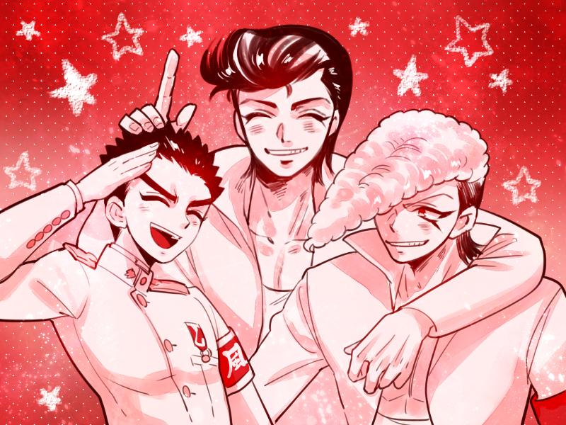 3boys, :d, arm_up, armband, bangs, closed_eyes, collarbone, danganronpa:_trigger_happy_havoc