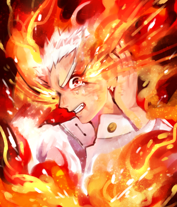 1boy, bangs, danganronpa:_trigger_happy_havoc, danganronpa_(series), fang, fire, hand_up, ishida_(danganronpa)