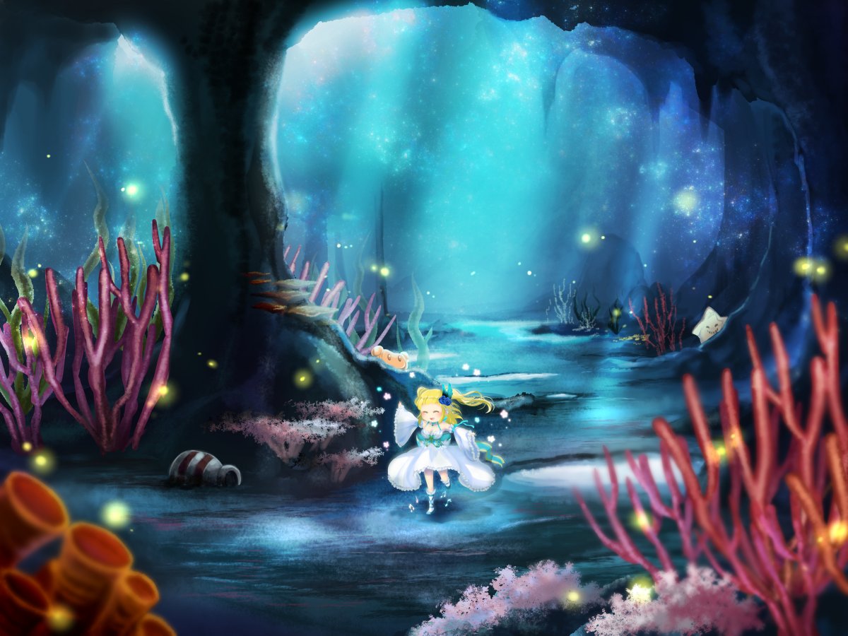 1girl, bangs, blonde_hair, blue_corset, blue_footwear, closed_eyes, commentary_request, coral