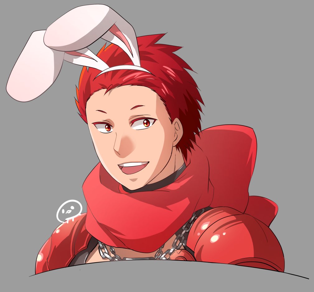 1boy, animal_ears, armor, chain, commentary_request, fake_animal_ears, grey_background, looking_at_viewer