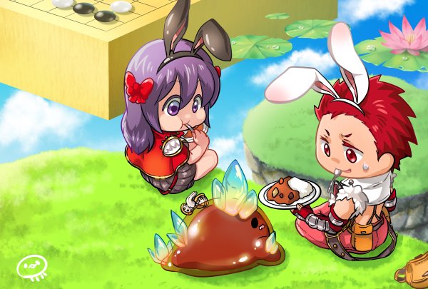 1boy, 1girl, :t, alternate_color, animal_ears, bangs, blue_sky, board_game