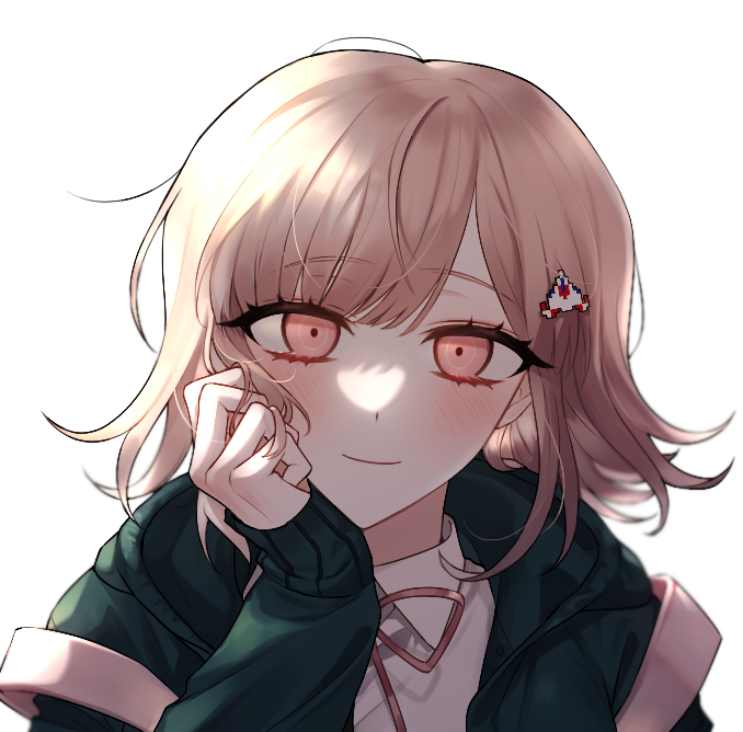 1girl, bangs, blush, brown_hair, danganronpa_(series), danganronpa_2:_goodbye_despair, galaga, green_jacket