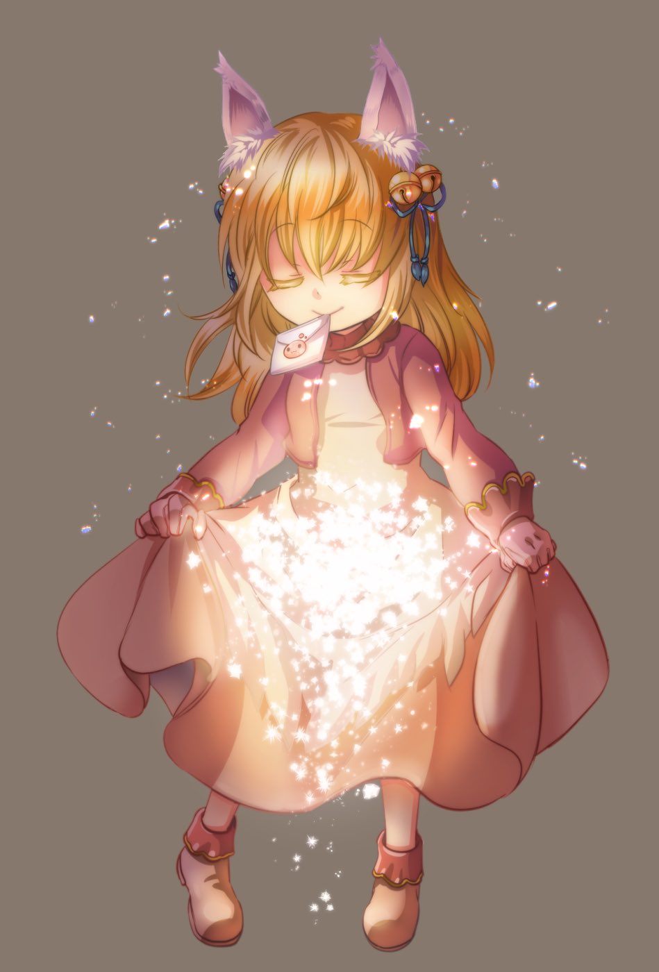 1girl, animal_ear_fluff, animal_ears, bangs, bell, blonde_hair, brown_skirt, closed_eyes