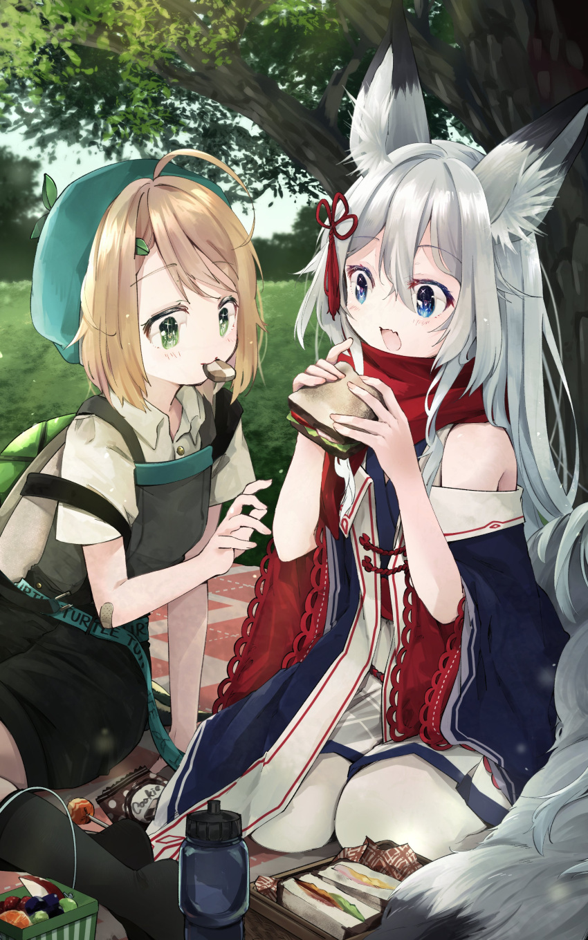 2girls, :d, absurdres, animal_ears, blonde_hair, blue_eyes, coat, commission, cookie, dress, fang, fen_(vtuber), food, fox_ears, fox_girl, fox_tail, fruit, green_eyes, hat, highres, indie_virtual_youtuber, long_hair, mouth_hold, multiple_girls, nanana_(nanana_iz), off-shoulder_coat, off_shoulder, open_clothes, open_coat, original, outdoors, picnic, sandwich, scarf, second-party_source, shirt, short_dress, short_hair, short_sleeves, shorts, sitting, skeb_commission, skin_fang, smile, tail, white_hair, wide_sleeves