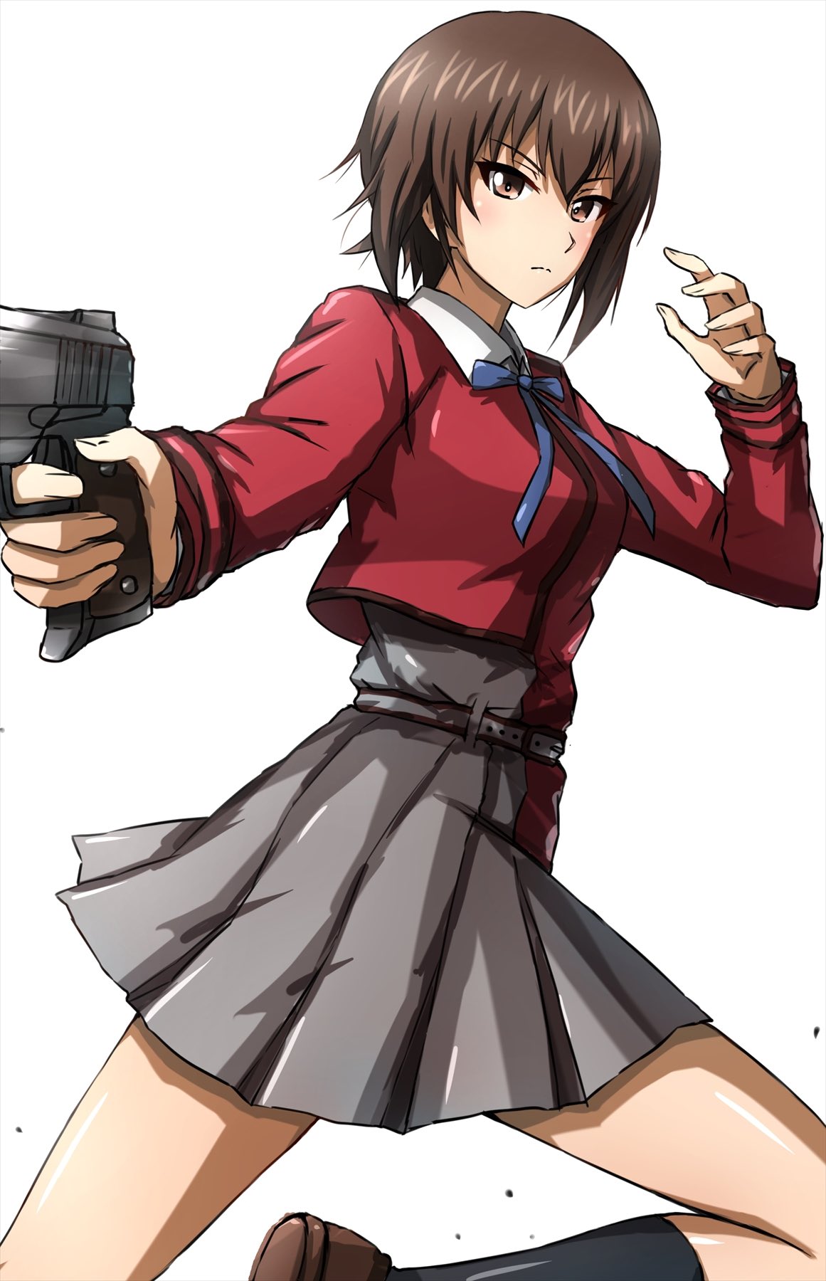 1girl, black_socks, blue_ribbon, brown_eyes, brown_footwear, brown_hair, collared_shirt, commentary