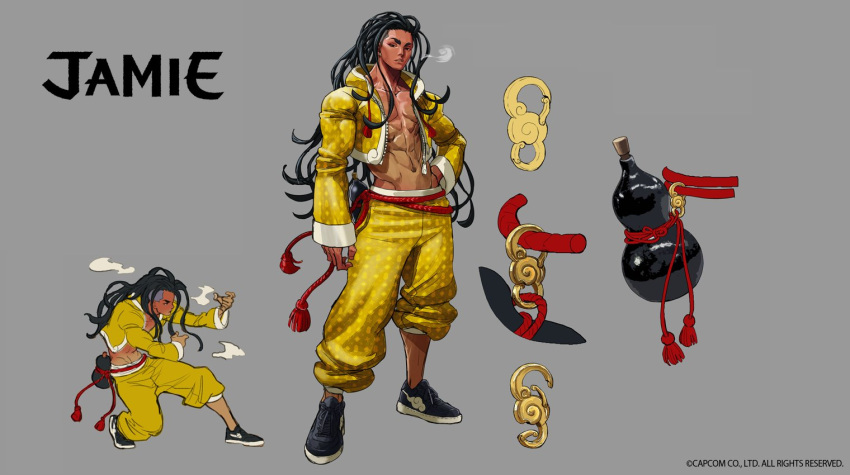 1boy, abs, black_hair, blush, capcom, character_name, chinese_clothes, copyright, crop_top, drunk, fighting_stance, full-face_blush, full_body, gourd, hair_down, jamie_(street_fighter), multiple_views, navel, official_art, open_clothes, open_shirt, reference_sheet, stomach, street_fighter, street_fighter_6, takayuki_nakayama, turnaround