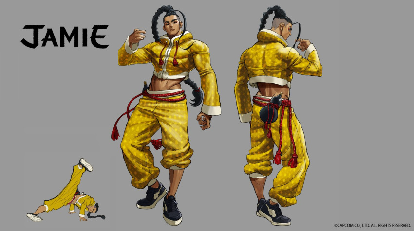 1boy, antenna_hair, black_hair, braid, braided_ponytail, breakdance, capcom, character_name