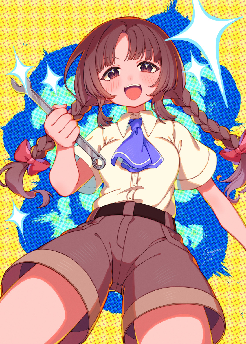 1girl, absurdres, blush, braid, brown_eyes, brown_hair, brown_shorts, collared_shirt, e_sdss, highres, holding, holding_wrench, long_hair, open_mouth, rika_(touhou), shirt, shorts, smile, solo, teeth, touhou, twin_braids, upper_teeth, white_shirt, wrench